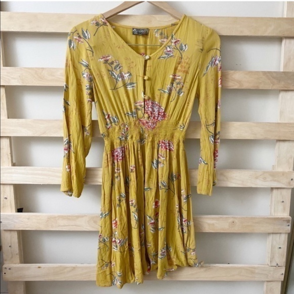 button half front floral longsleeves mini dress